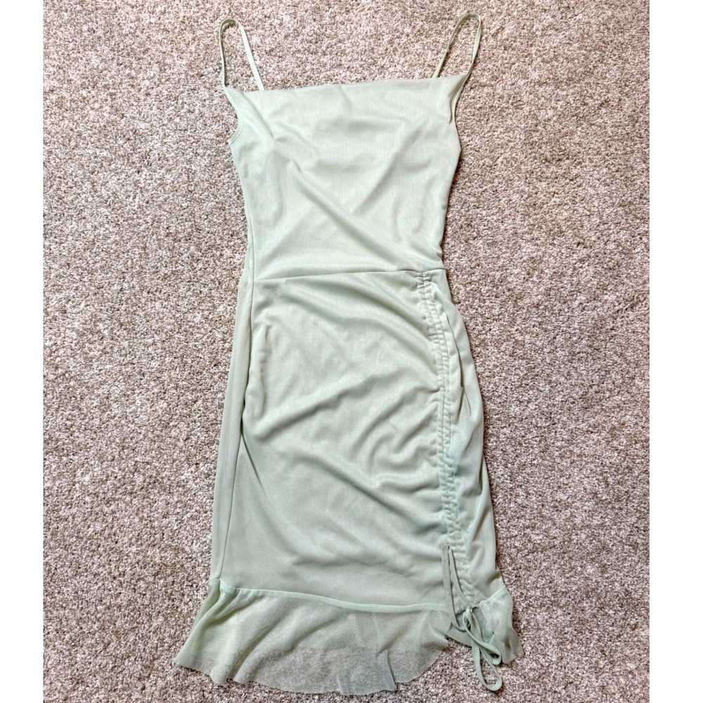 PrettyLittleThing Sage Green Mesh Ruched Mini Dress Ruffle Hem US 4 NWOT Bodycon